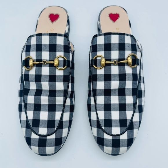 Gucci Shoes - Gucci Shoes Princetown Gold Horsebit Black White Gingham Loafer Mules EU 37